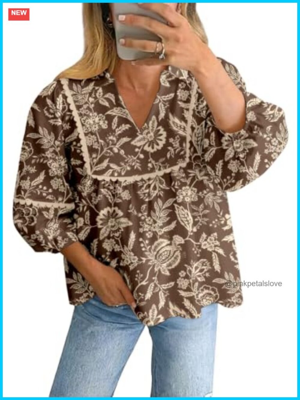 Womens Babydoll Blouse 3/4 Balloon Sleeve Collared Dressy Casual Top